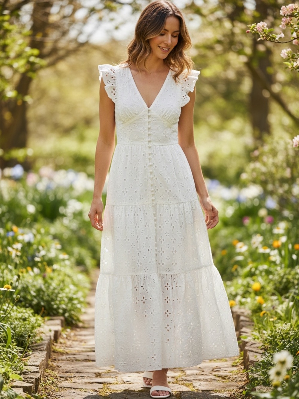 Forever 21 White Eyelet Maxi Dress with Flutter Sleeves Size S